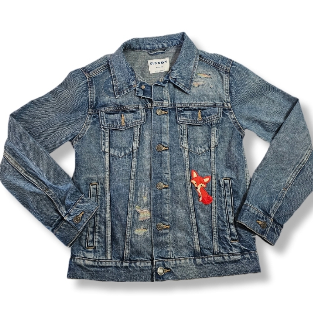 Old Navy Kids Denim Trucker Jacket Distressed Size XL Rainbow Fox Cartoon